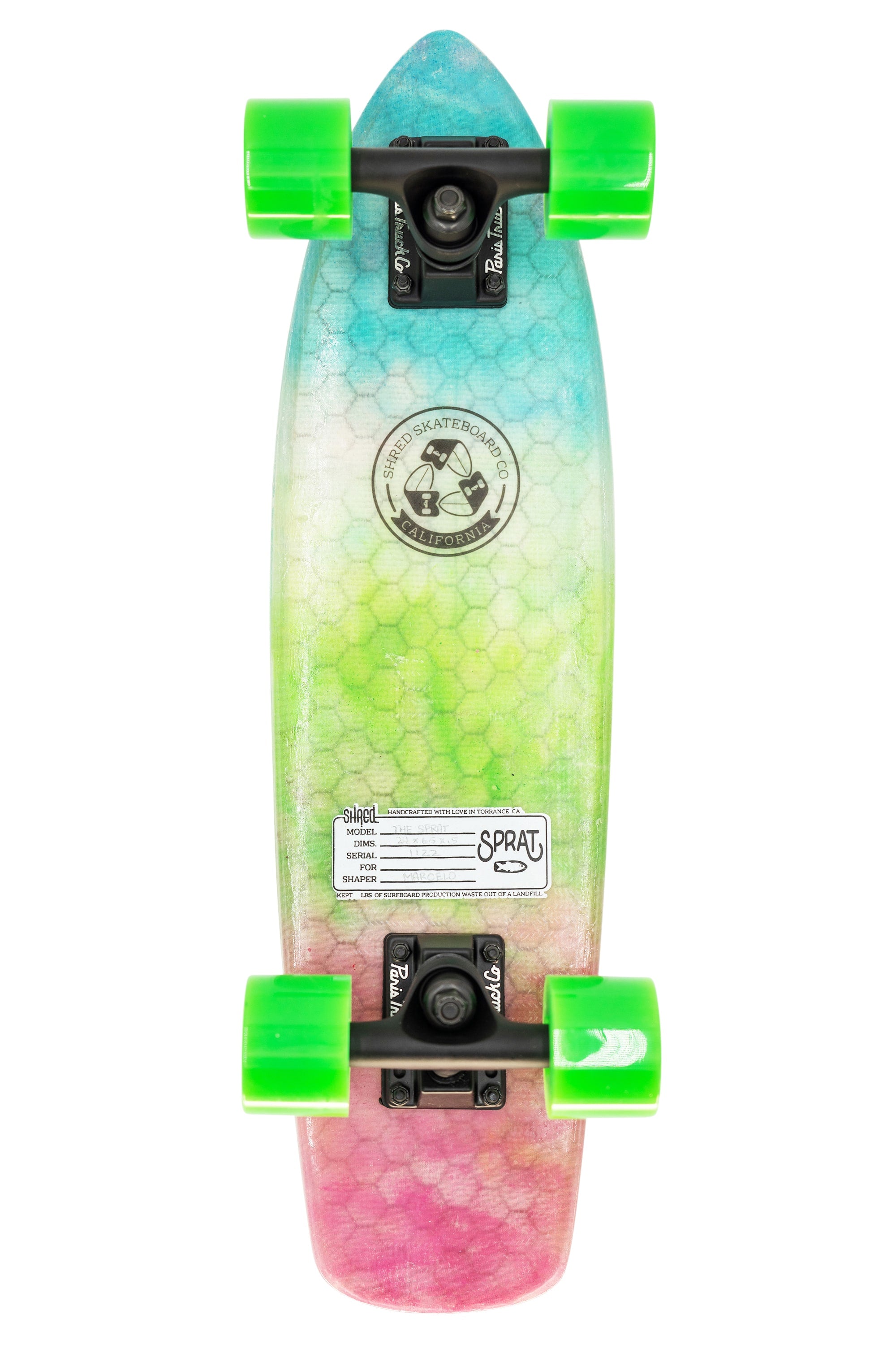 SHRED Skateboard Mini Cruiser - The Sprat (24") - Rainbow Tie Dye - Small Skateboard made from recycled Surfboards material waste.