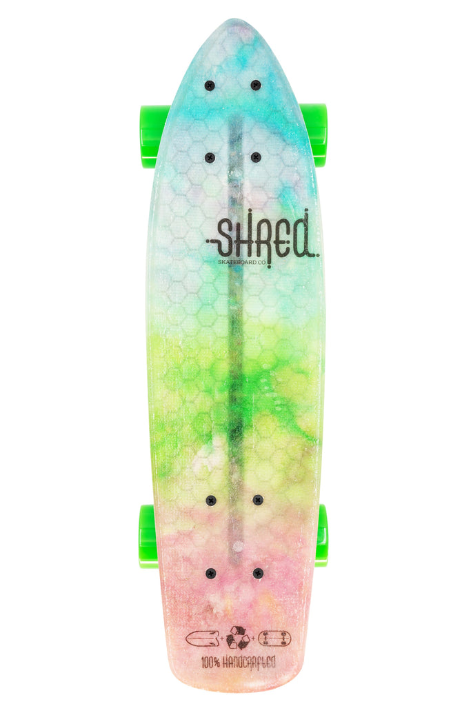 SHRED Skateboard Mini Cruiser - The Sprat (24") - Rainbow Tie Dye - Small Skateboard made from recycled Surfboards material waste.