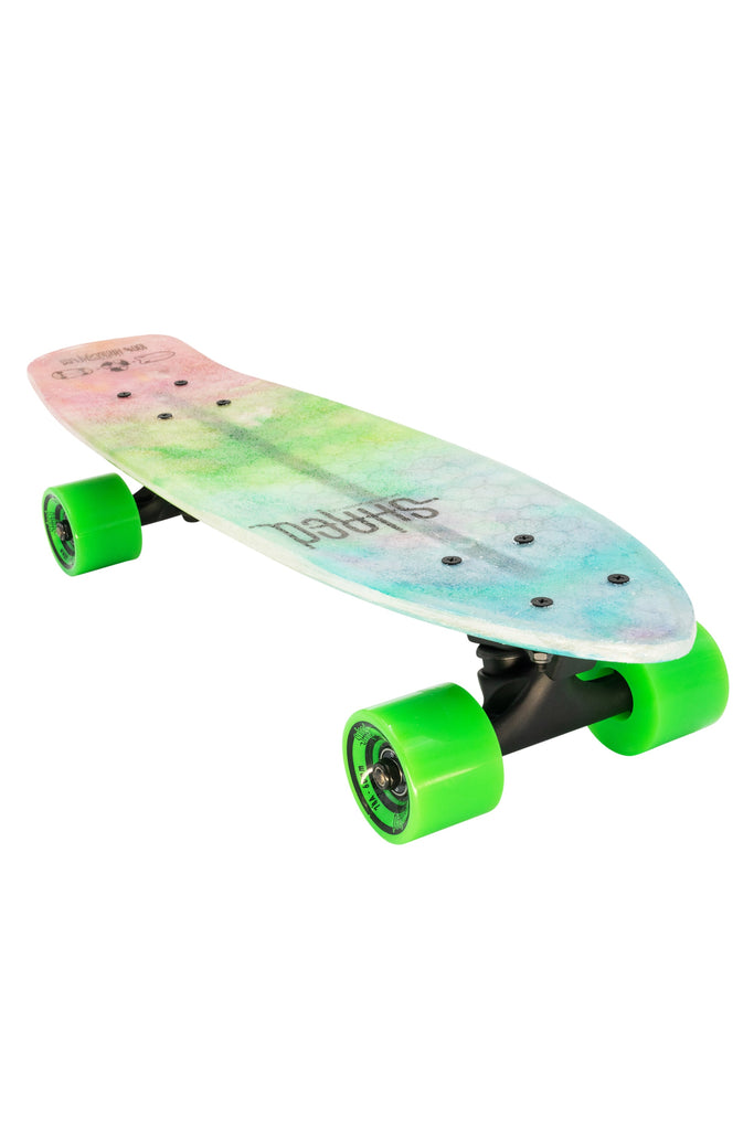 SHRED Skateboard Mini Cruiser - The Sprat (24") - Rainbow Tie Dye - Small Skateboard made from recycled Surfboards material waste.